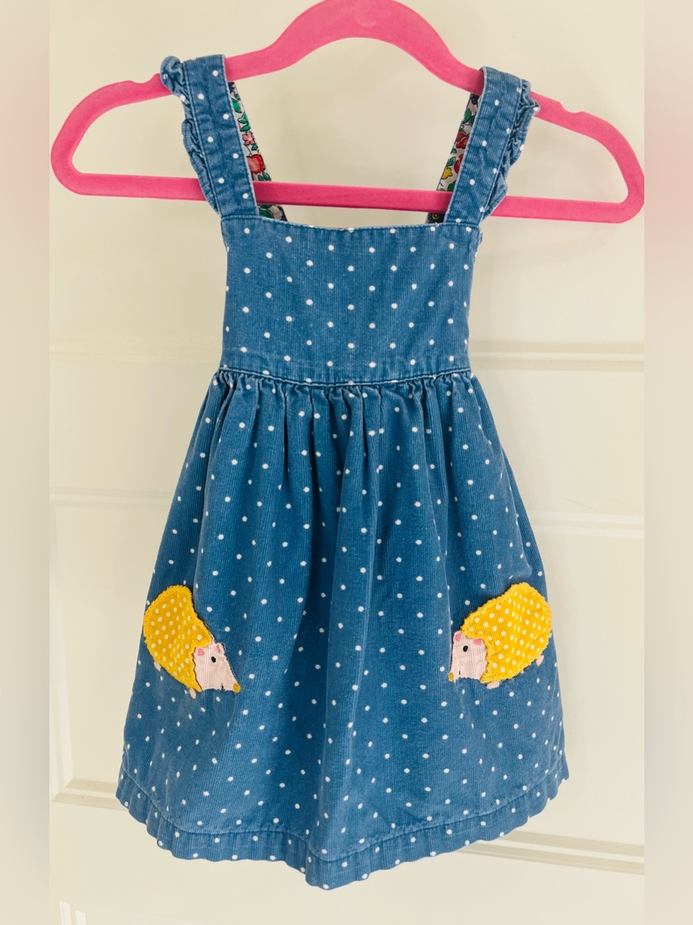 Baby Boden Blue Polka Dot Corduroy Dress with Yellow Hedgehog Pockets